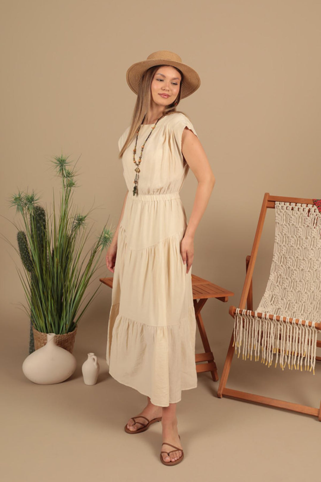KKT Strawberry Fabric Plain Dress-Beige - Peachtree City