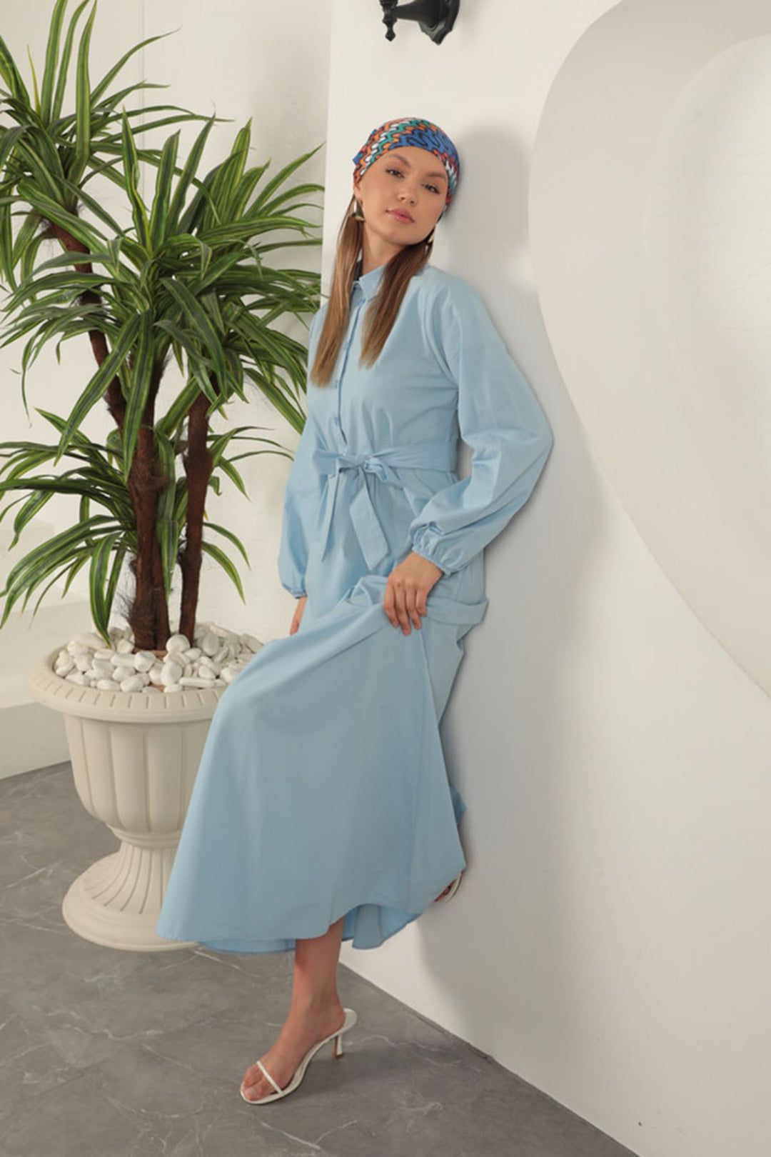 KKT Poplin Fabric Tie Detail Dress-Baby Blue - Maplewood