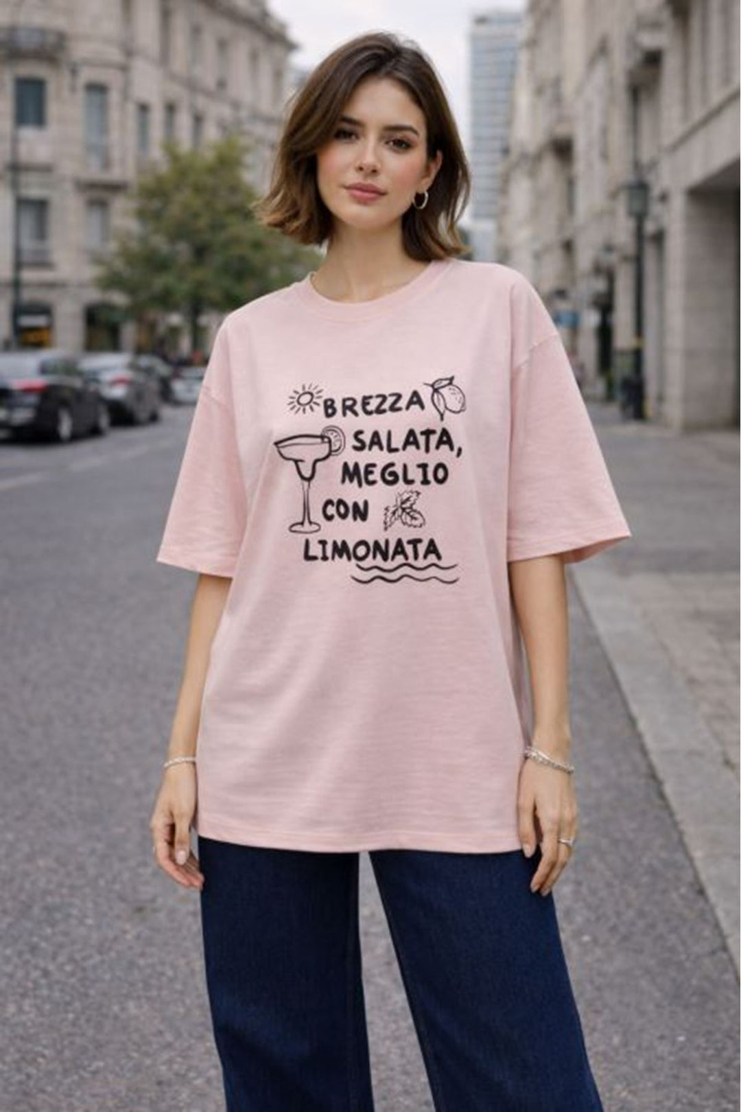 KKT 30/1 Süprem Kumaş O Yaka Brezza Baskılı  Kadın Tişört-Pudra - Boise