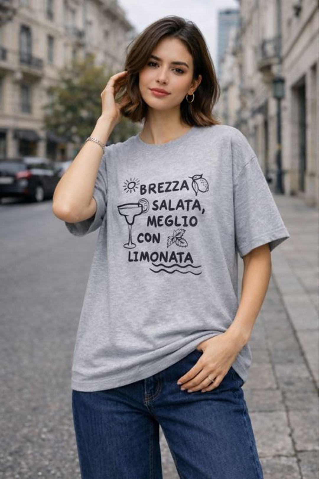 KKT 30/1 Süprem Kumaş O Yaka Brezza Baskılı  Kadın Tişört-GRİ MELANJ - Wilson