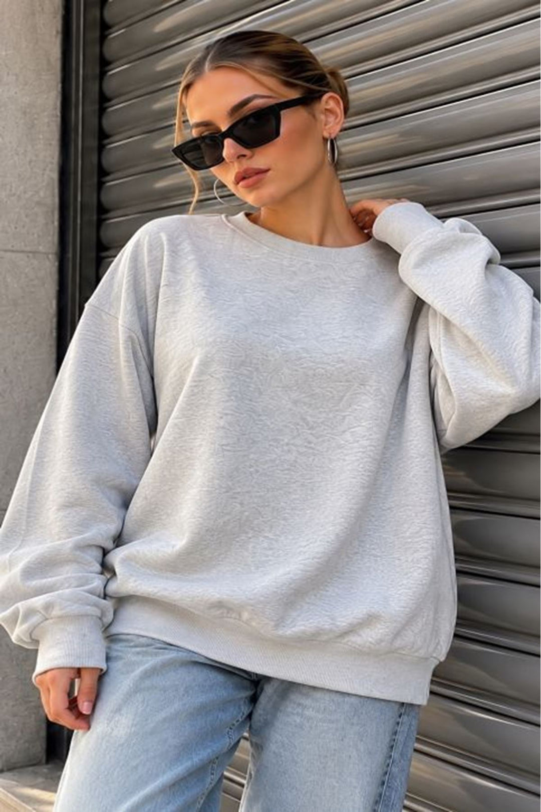 KKT Üç İplik Basic Oversize Sweatshirt-GRİ MELANJ - Azusa