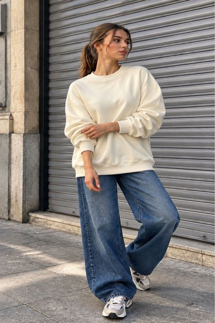 KKT Üç İplik Basic Oversize Sweatshirt-Ekru - Castle Rock