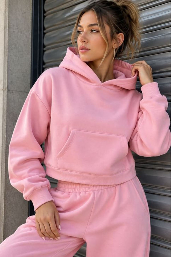 KKT Üç İplik Kanguru Cep Kısa Kapüşonlu Crop Sweat-Pembe - Highland