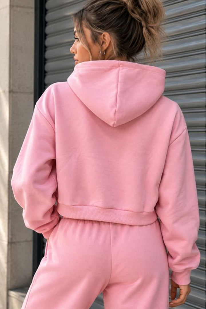KKT Üç İplik Kanguru Cep Kısa Kapüşonlu Crop Sweat-Pembe - Highland