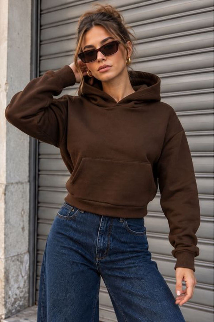 KKT Üç İplik Kanguru Cep Kısa Kapüşonlu Crop Sweat-Kahve - Torrejón de Ardoz