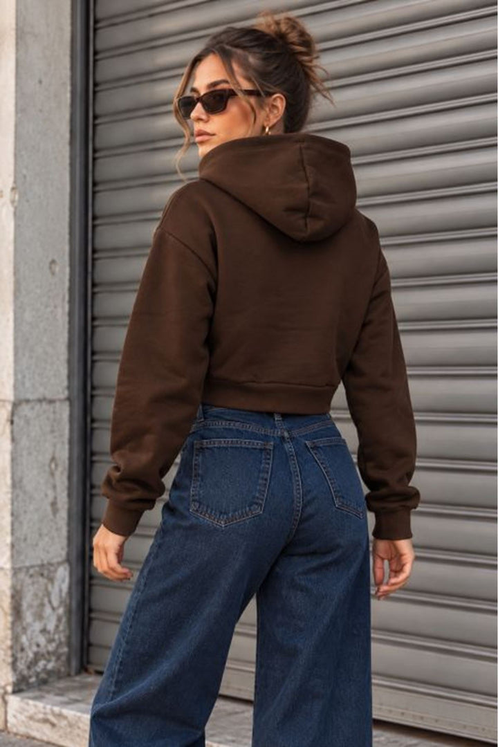 KKT Üç İplik Kanguru Cep Kısa Kapüşonlu Crop Sweat-Kahve - Torrejón de Ardoz