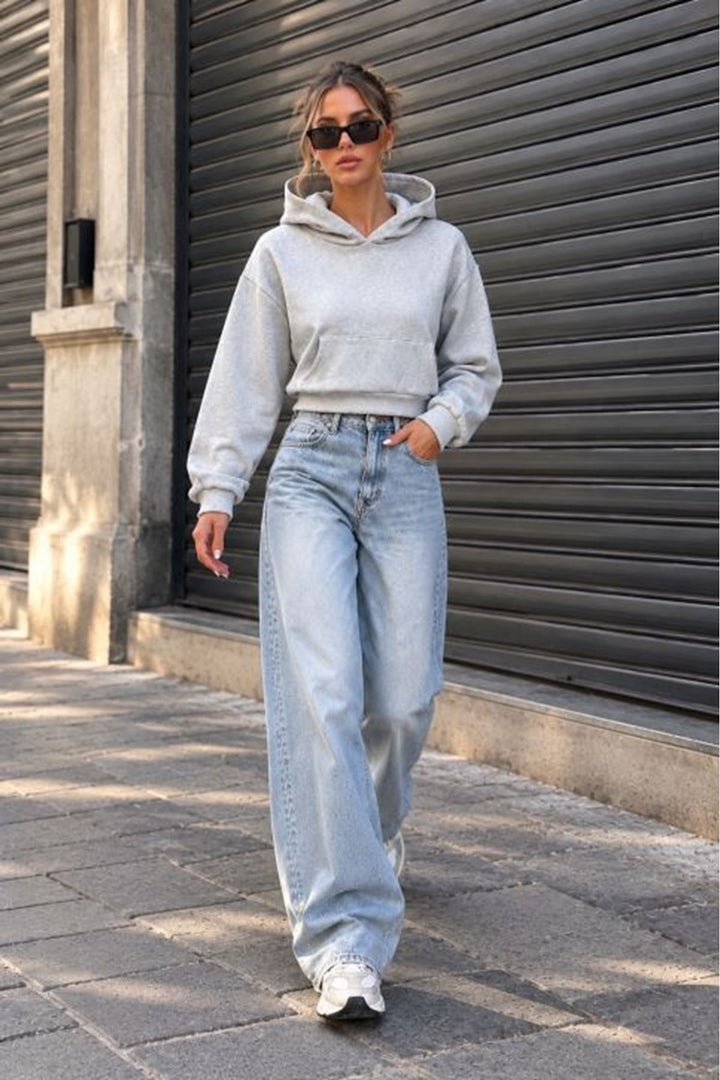 KKT Üç İplik Kanguru Cep Kısa Kapüşonlu Crop Sweat-Açık Gri - Midlothian
