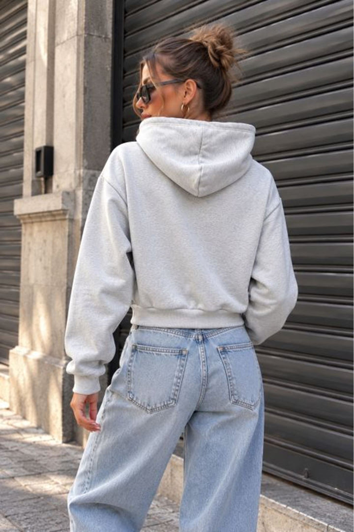 KKT Üç İplik Kanguru Cep Kısa Kapüşonlu Crop Sweat-Açık Gri - Midlothian