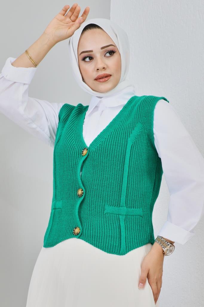 BNG سترة نسائية قصيرة بأزرار باللون الأخضر - كليرمونت