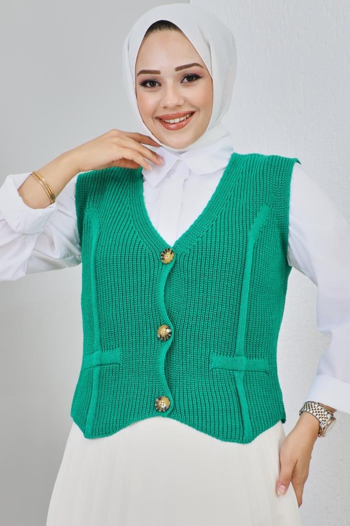 BNG سترة نسائية قصيرة بأزرار باللون الأخضر - كليرمونت
