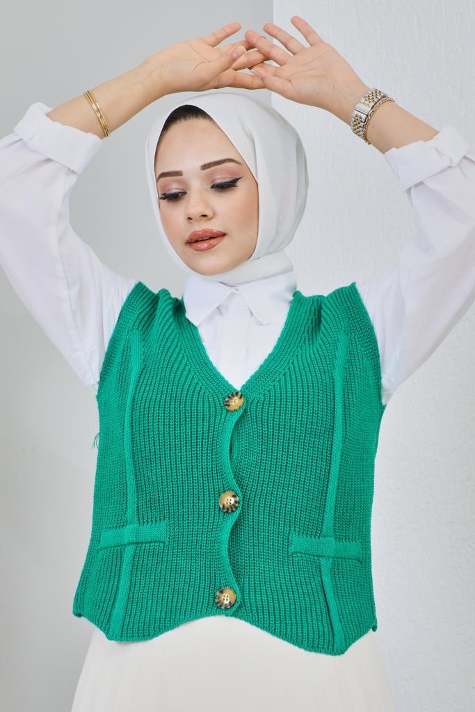 BNG سترة نسائية قصيرة بأزرار باللون الأخضر - كليرمونت