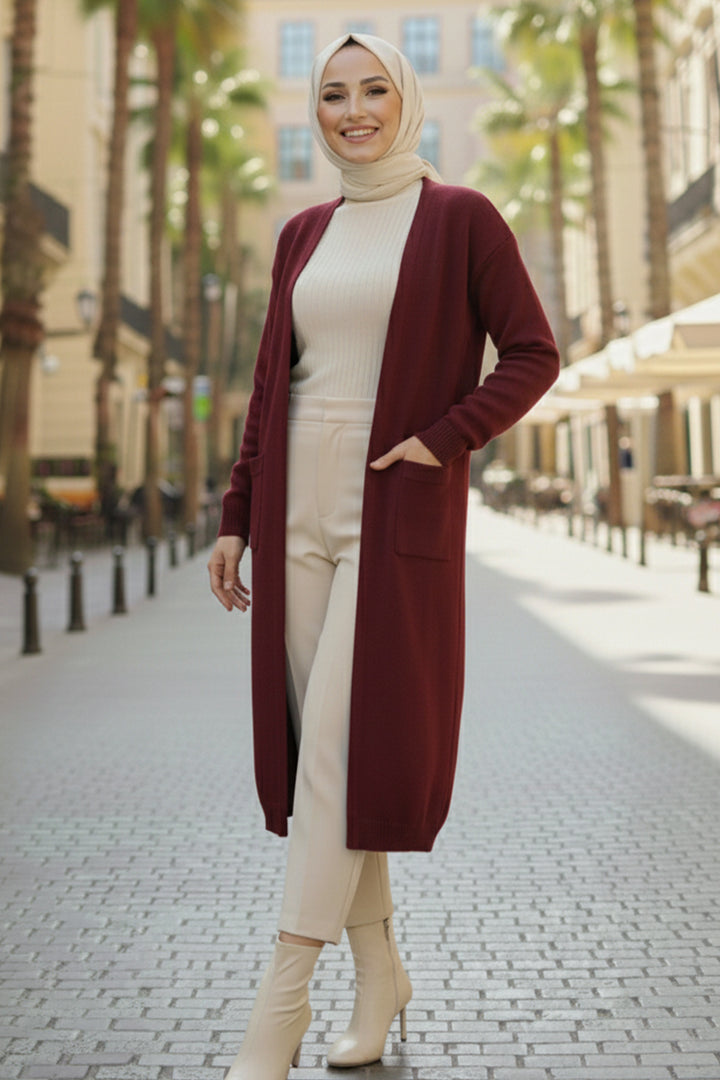 BNG Women Cepli Uzun Triko Hırka R7145 Bordo - Zhlobin