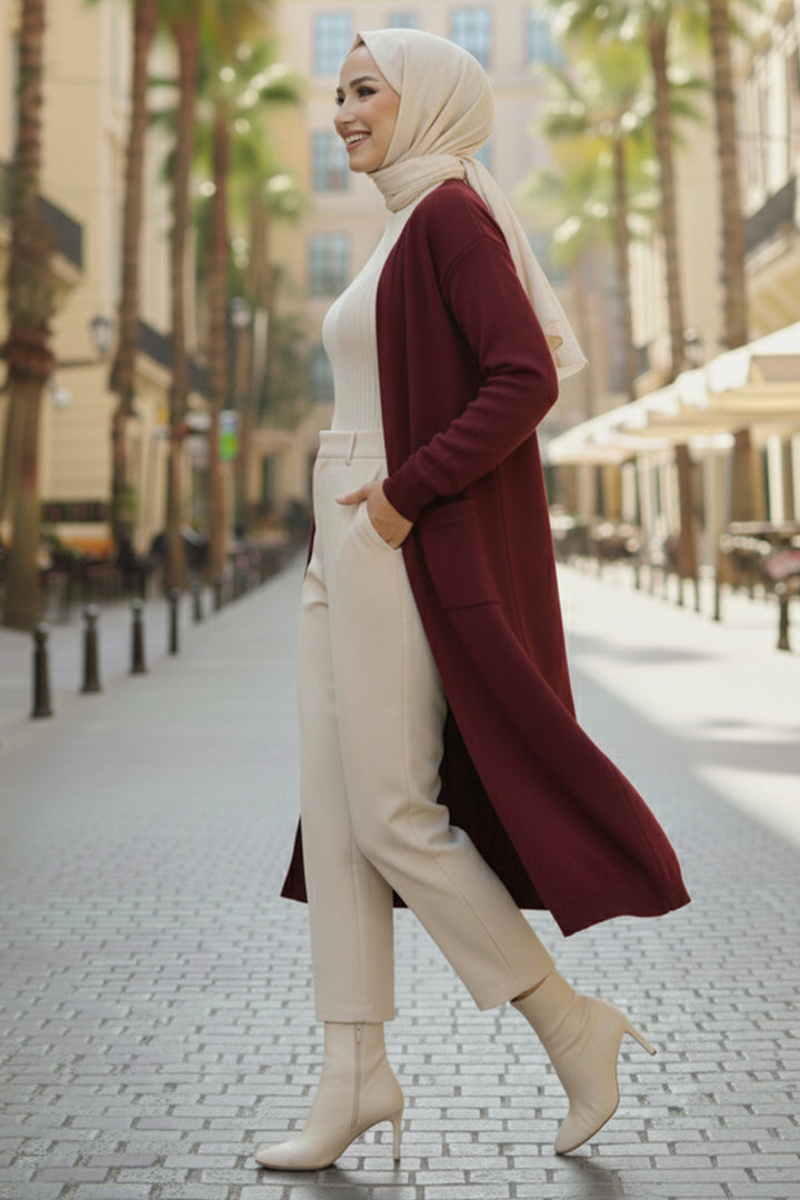 BNG Women Cepli Uzun Triko Hırka R7145 Bordo - Zhlobin