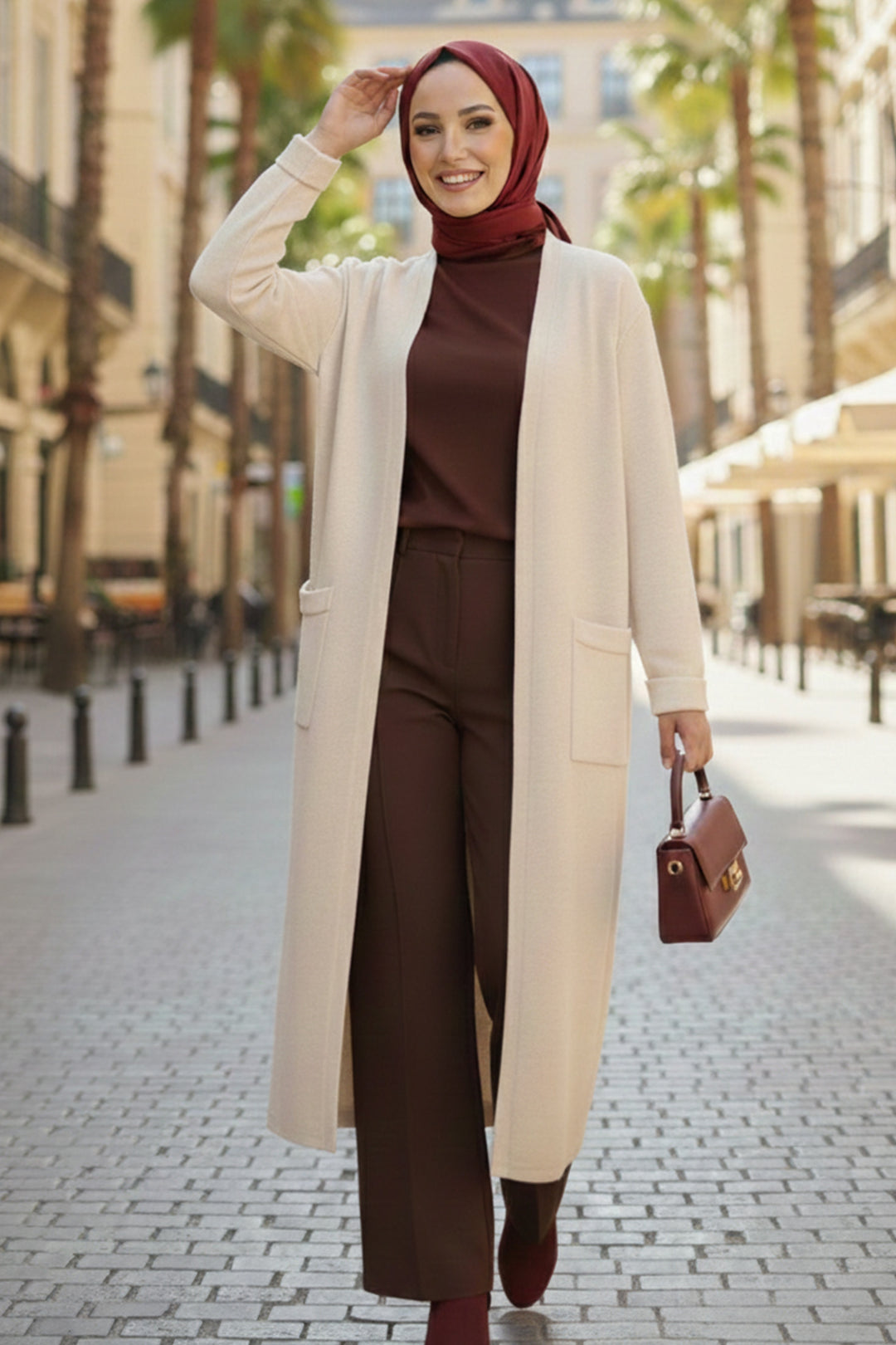 BNG Women Cepli Uzun Triko Hırka R7145 Ekru - Peristéri