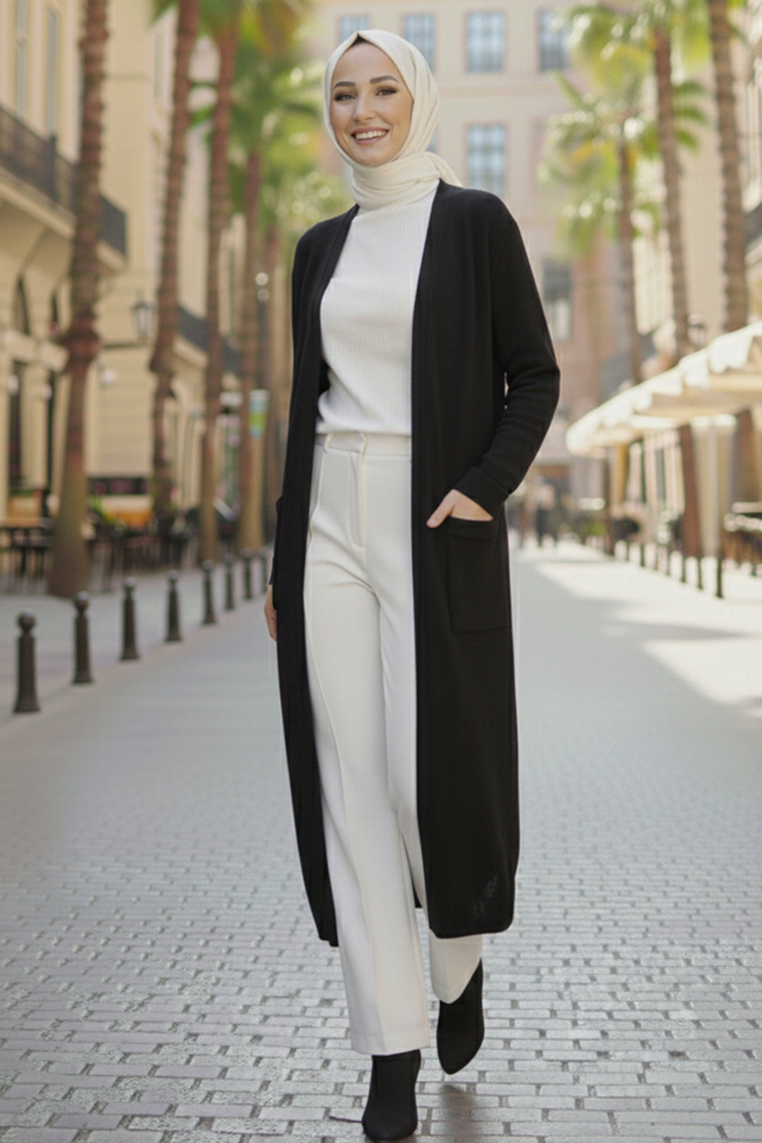 BNG Women Cepli Uzun Triko Hırka R7145 Siyah - Nanaimo