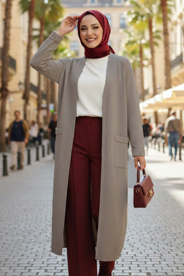 BNG Women Cepli Uzun Triko Hırka R7145 Vizon - Limbiate