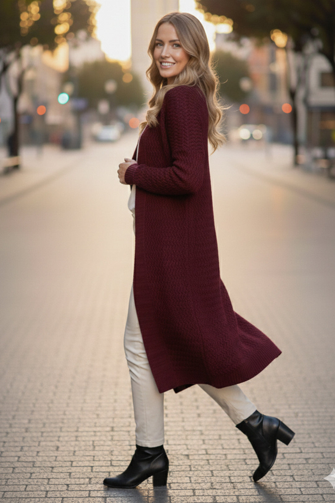 BNG Women Zigzag Patterned Long Knit Cardigan R4470 Burgundy - Brunswick