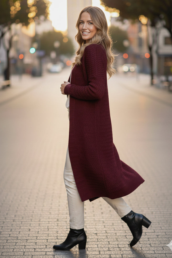 BNG Women Zigzag Patterned Long Knit Cardigan R4470 Burgundy - Brunswick