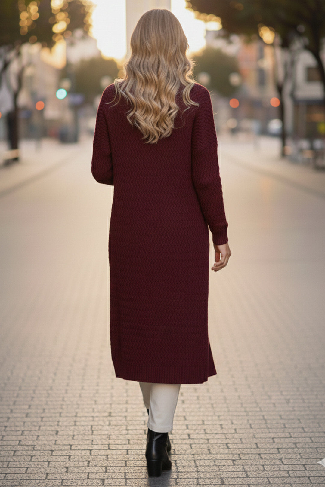 BNG Women Zigzag Patterned Long Knit Cardigan R4470 Burgundy - Brunswick