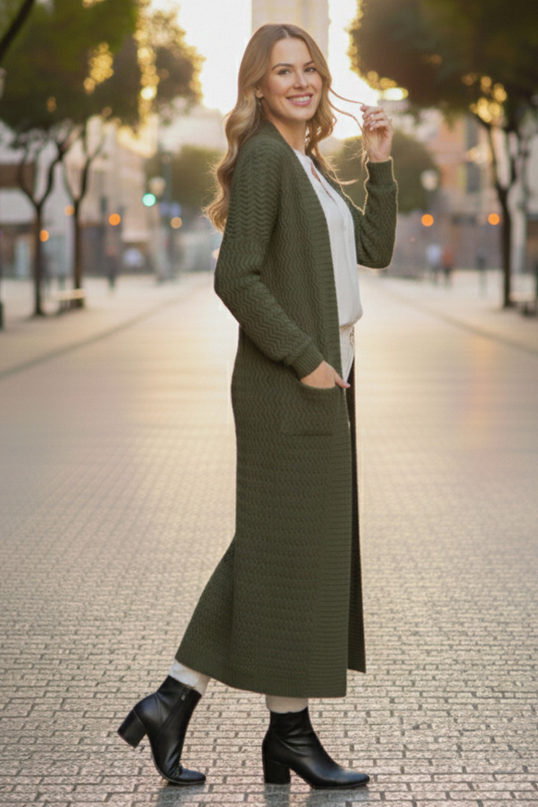 BNG Women Zikzak Desenli Uzun Triko Hırka R4470 Haki - Rancho Cordova