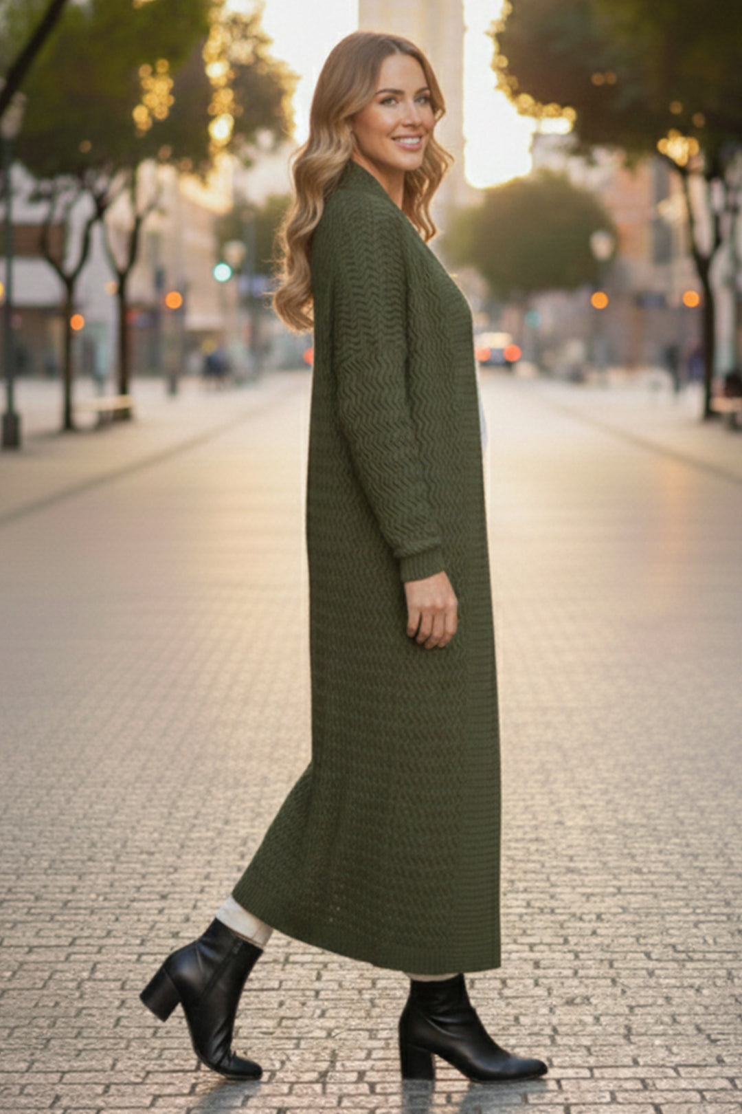 BNG Women Zikzak Desenli Uzun Triko Hırka R4470 Haki - Rancho Cordova