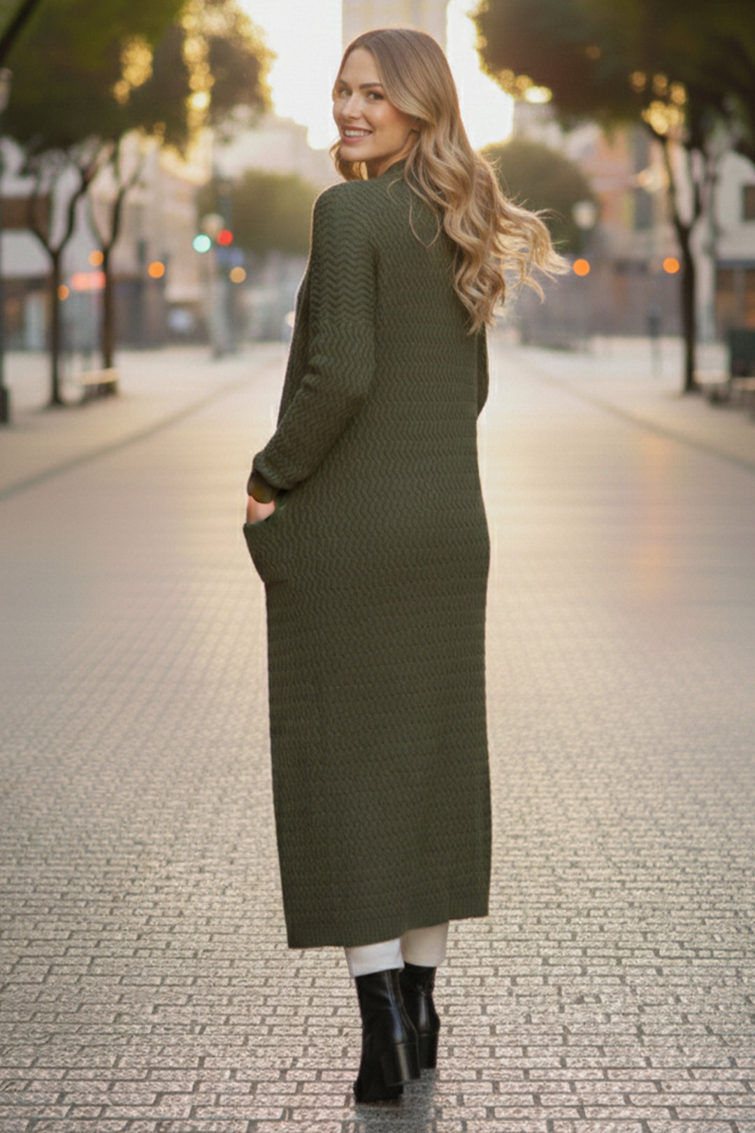 BNG Women Zikzak Desenli Uzun Triko Hırka R4470 Haki - Rancho Cordova