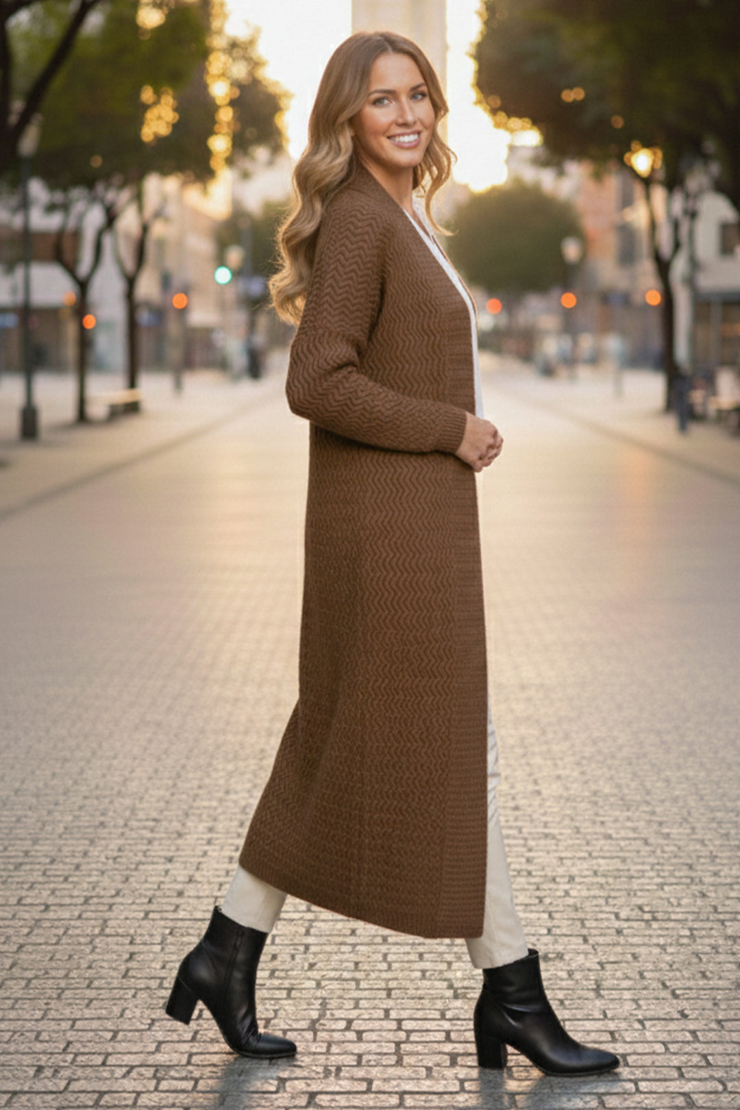 BNG Women Zigzag Patterned Long Knit Cardigan R4470 Mink - Moncalieri