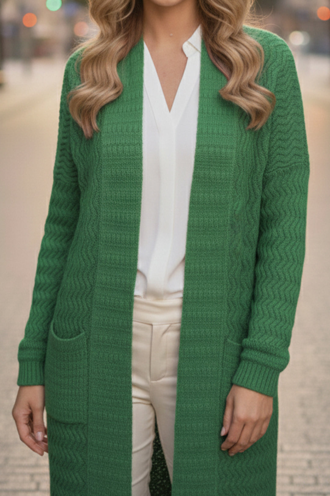 BNG Women Zigzag Patterned Long Knit Cardigan R4470 Green - Chieri