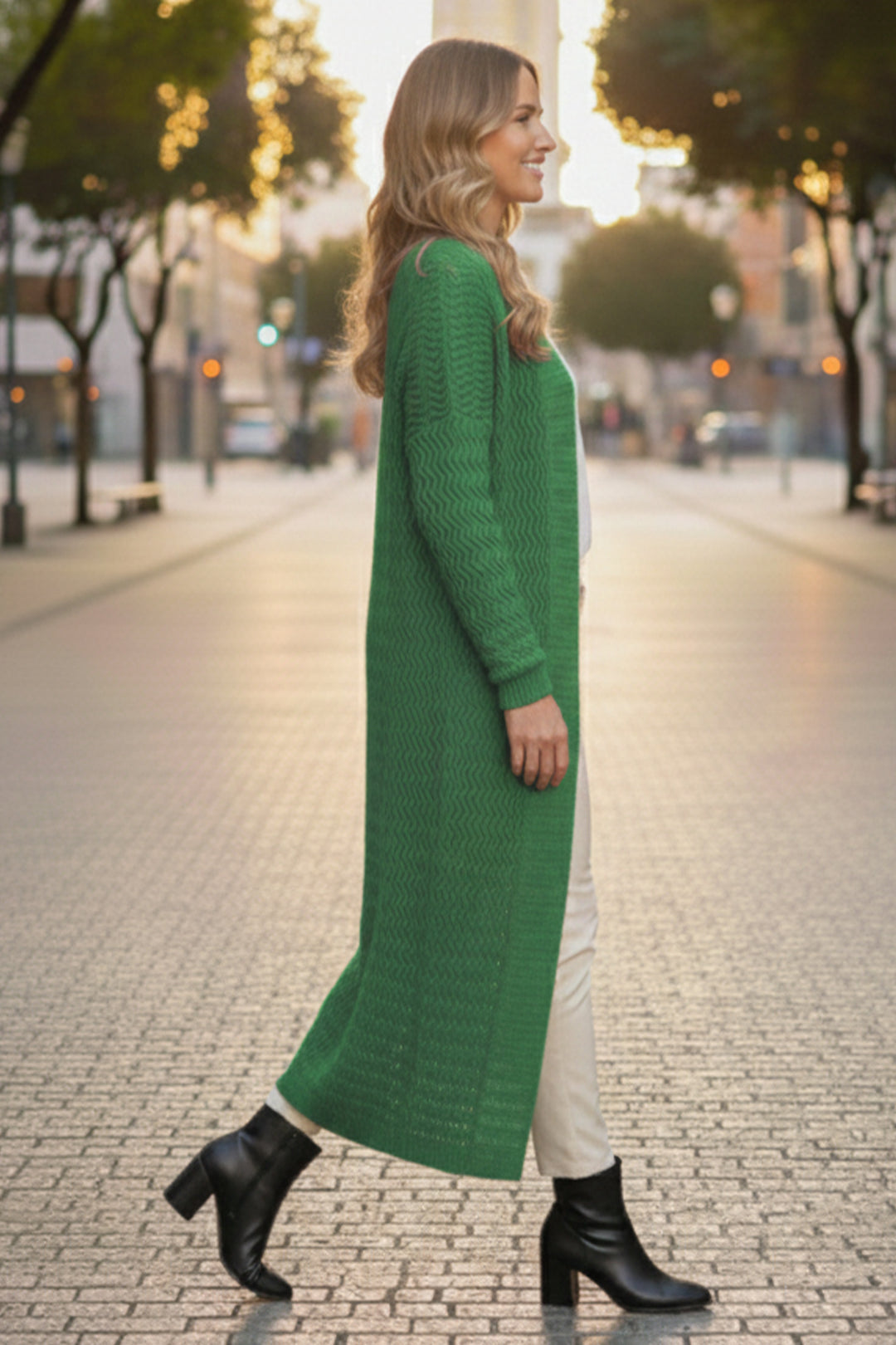 BNG Women Zigzag Patterned Long Knit Cardigan R4470 Green - Chieri