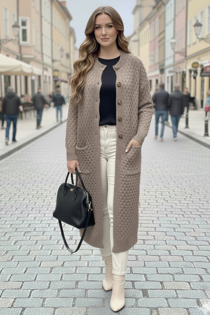 BNG Women Pocket Patterned Long Knit Cardigan R4278 Mink - Allen