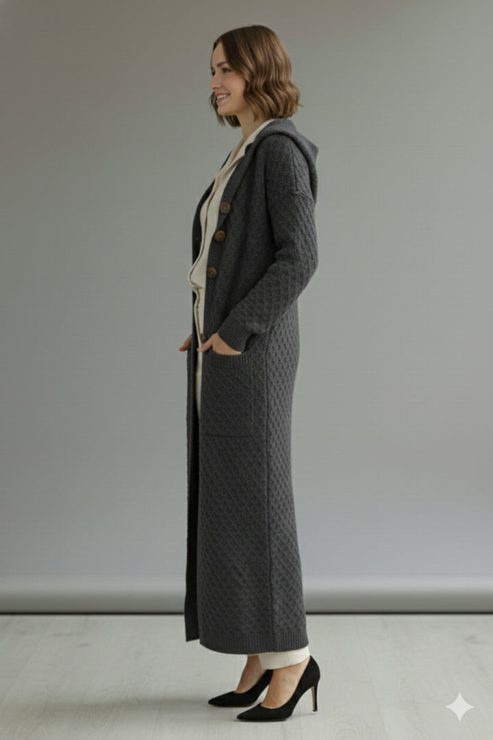 BNG Women Hooded Patterned Long Knit Cardigan R4328 Anthracite - Chernivtsi