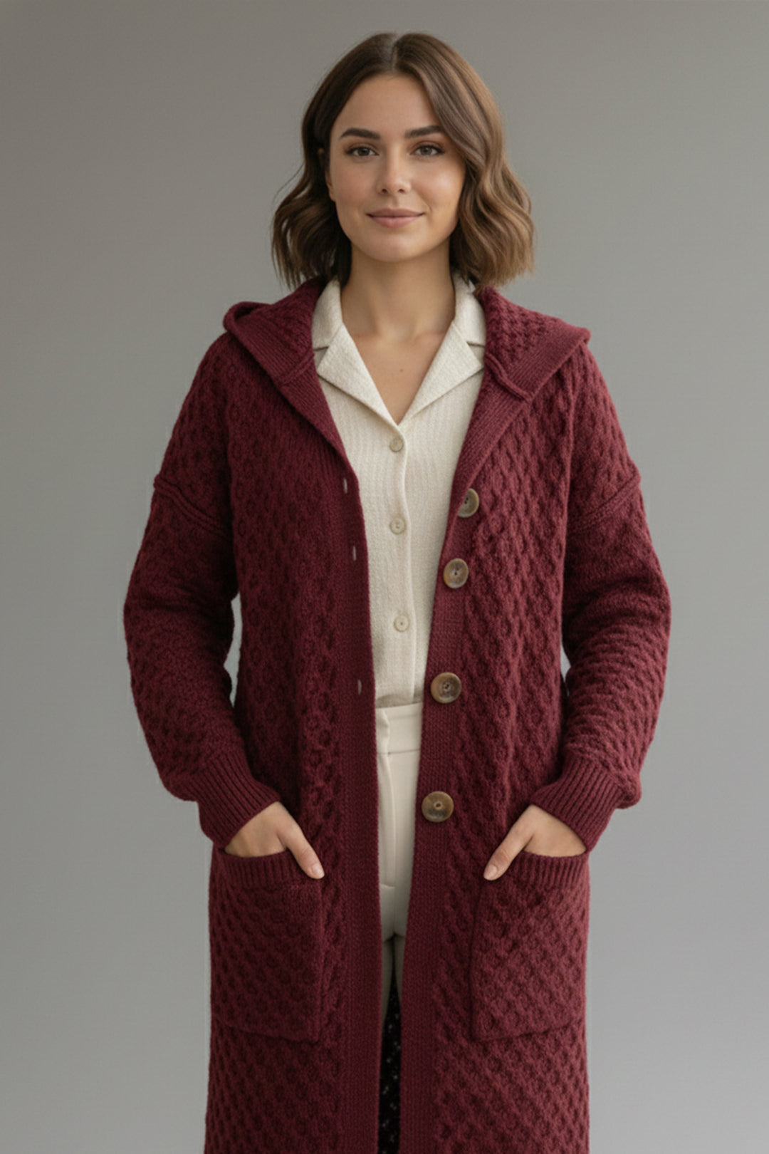 BNG Women Kapşonlu Desenli Uzun Triko Hırka R4328 Bordo - Villa de Álvarez