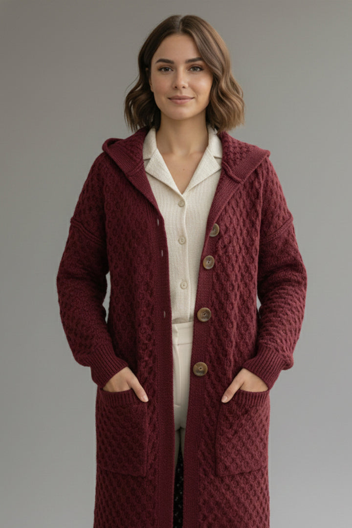 BNG Women Kapşonlu Desenli Uzun Triko Hırka R4328 Bordo - Villa de Álvarez
