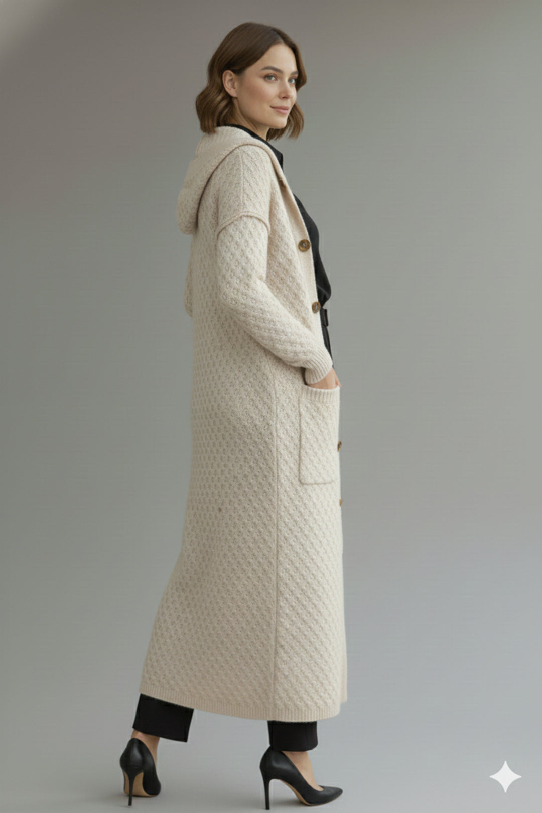 BNG Women Hooded Patterned Long Knit Cardigan R4328 Stone Color - Agua Prieta