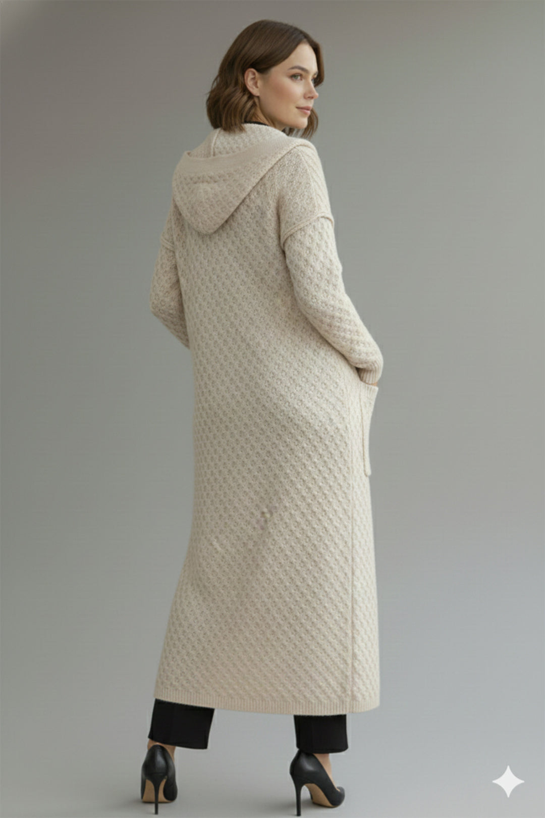 BNG Women Hooded Patterned Long Knit Cardigan R4328 Stone Color - Agua Prieta