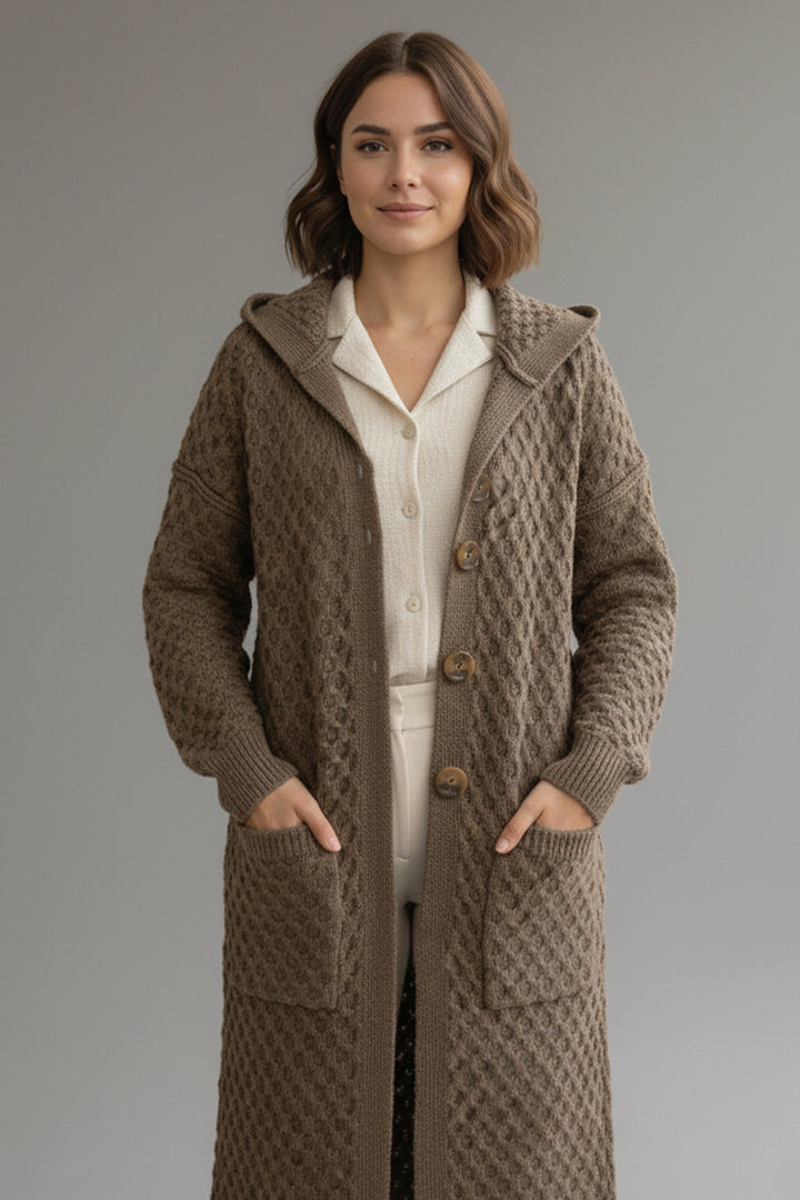 BNG Women Hooded Patterned Long Knit Cardigan R4328 Mink - Tienen