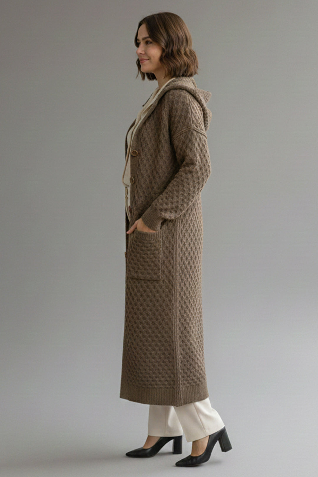 BNG Women Hooded Patterned Long Knit Cardigan R4328 Mink - Tienen