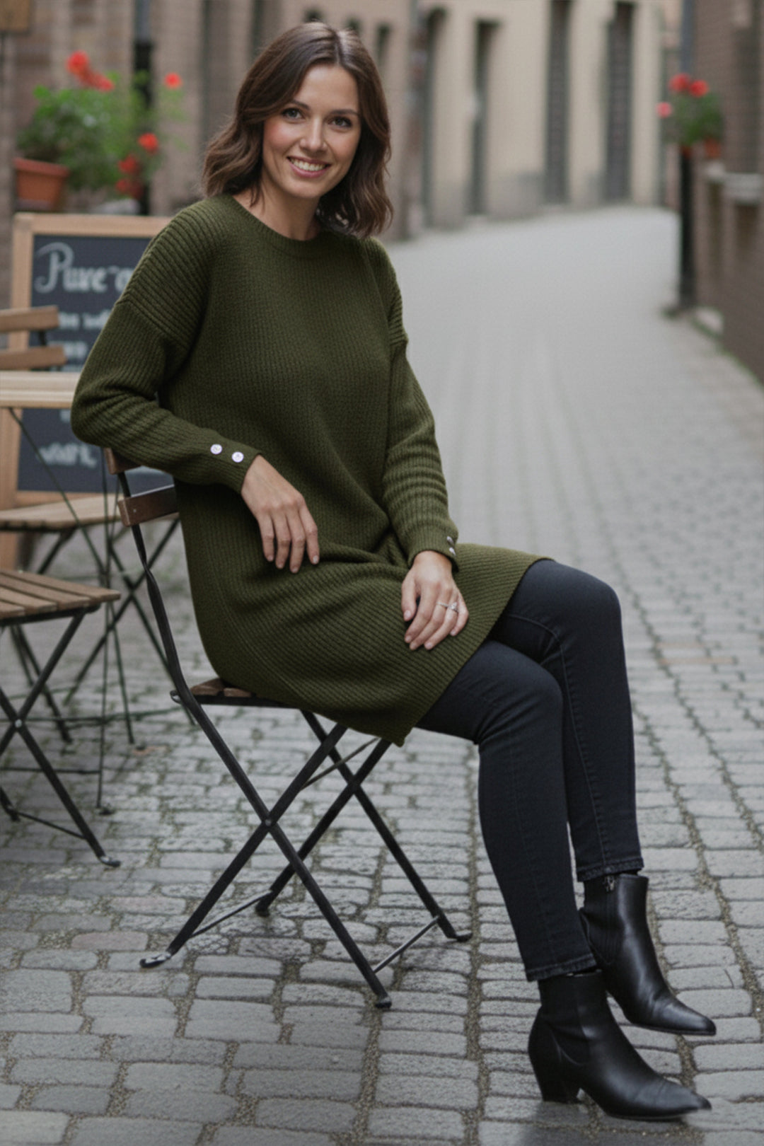 BNG Women Kolu Düğmeli Triko Kazak R4474 Haki - Etten-Leur