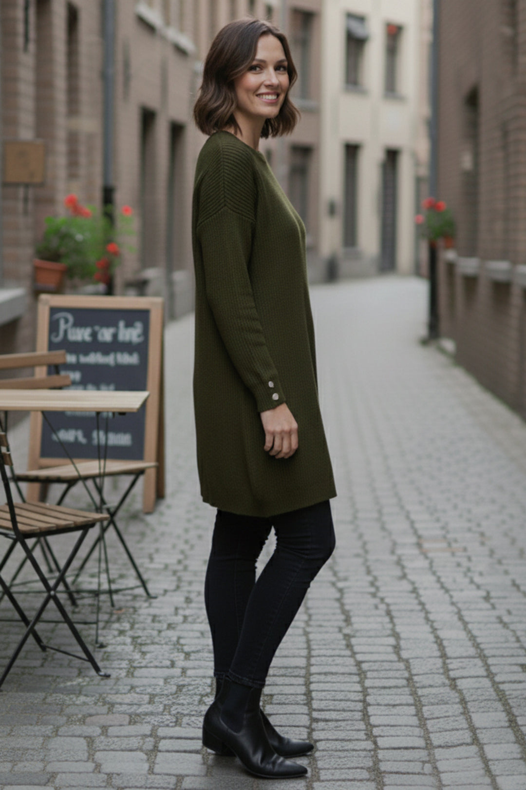 BNG Women Kolu Düğmeli Triko Kazak R4474 Haki - Etten-Leur