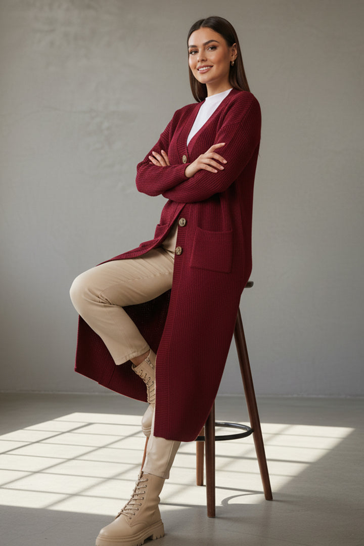 BNG Women Pocketed Long Knit Cardigan R2892 Burgundy - Courbevoic