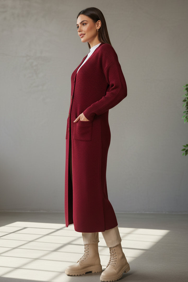 BNG Women Pocketed Long Knit Cardigan R2892 Burgundy - Courbevoic