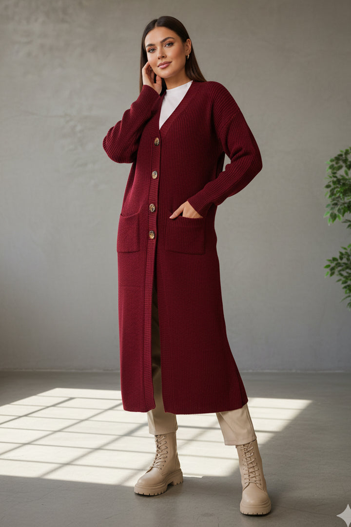 BNG Women Pocketed Long Knit Cardigan R2892 Burgundy - Courbevoic
