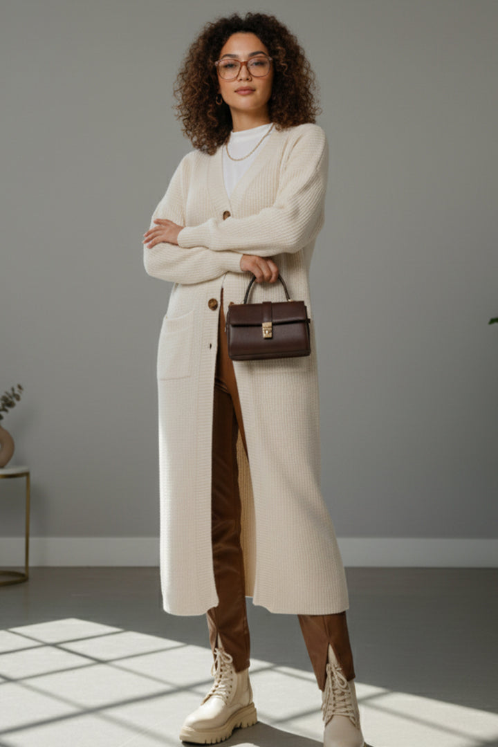 BNG Women Cepli Uzun Triko Hırka R2892 Ekru - Lompoc