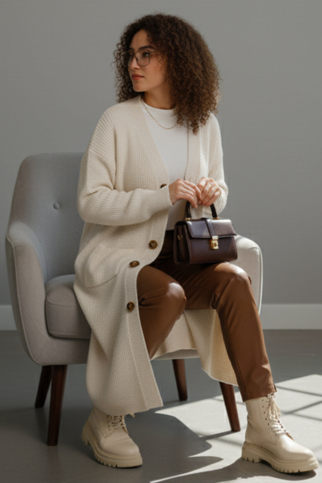 BNG Women Cepli Uzun Triko Hırka R2892 Ekru - Lompoc