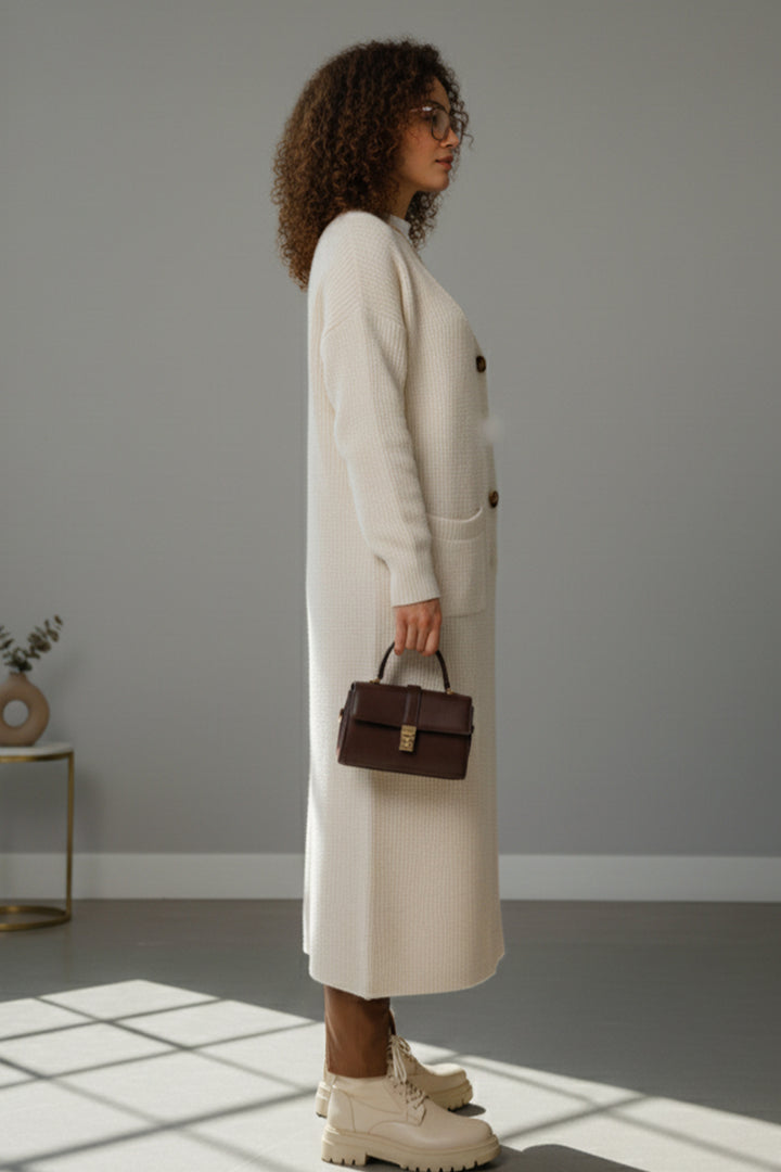 BNG Women Cepli Uzun Triko Hırka R2892 Ekru - Lompoc