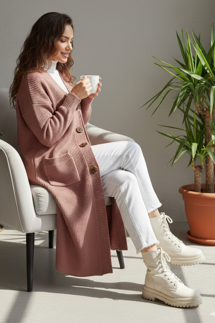 BNG Women Pocketed Long Knit Cardigan R2892 Rose Pink - Verviers