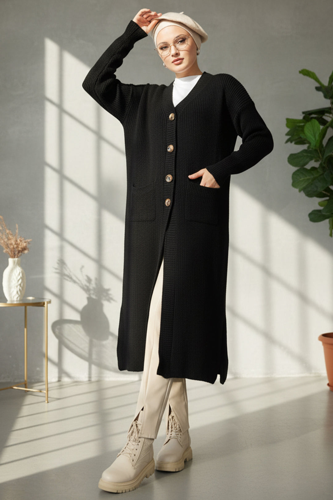 BNG Women Cepli Uzun Triko Hırka R2892 Siyah - Rozzano