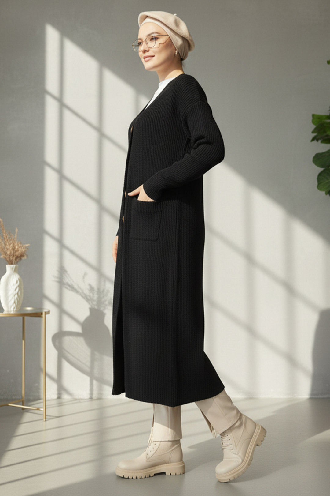 BNG Women Cepli Uzun Triko Hırka R2892 Siyah - Rozzano