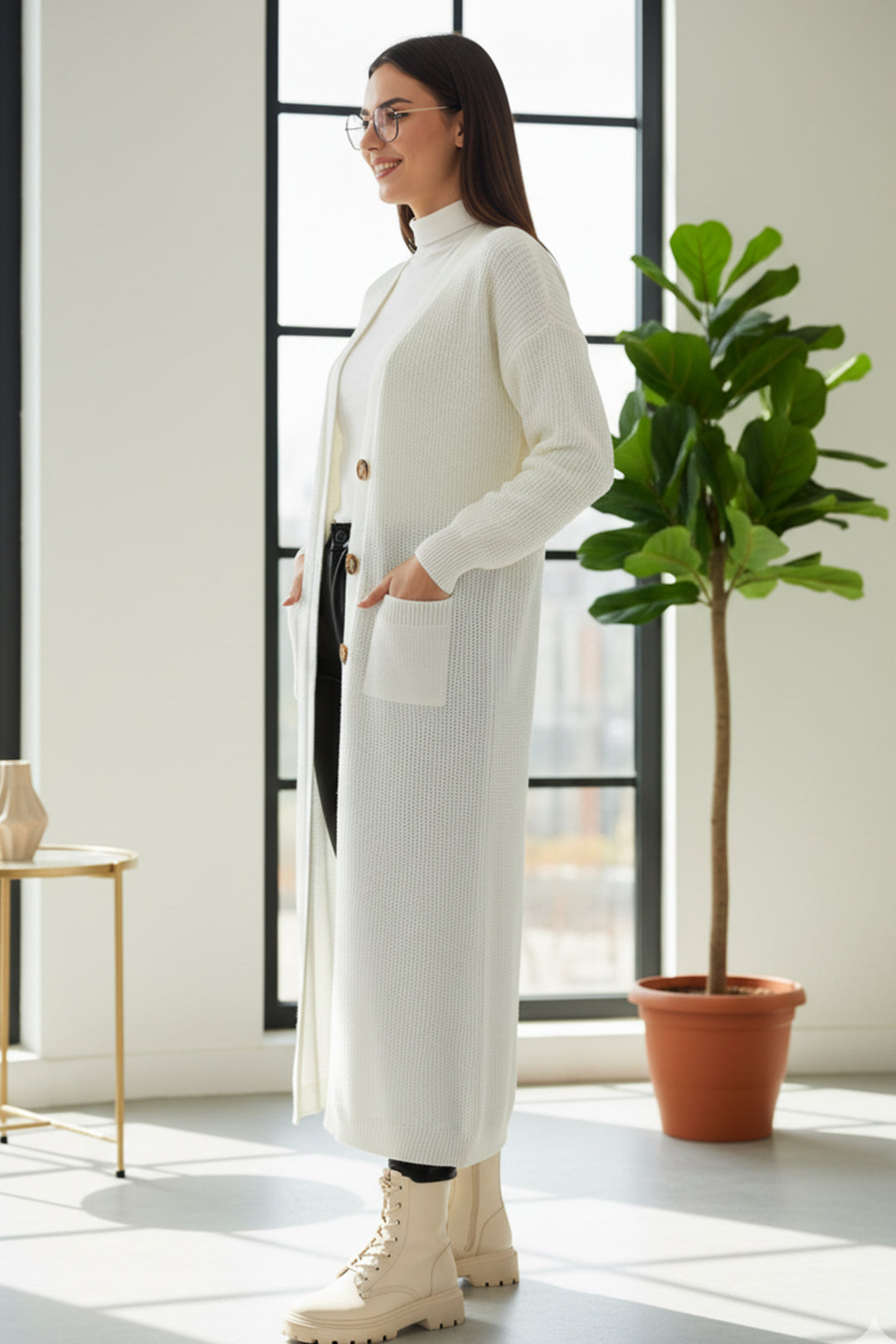 BNG Women Cepli Uzun Triko Hırka R2892 Taş Rengi - Lexington