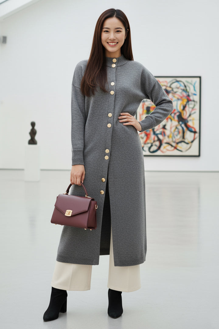 BNG Women Düğmeli Uzun Triko Hırka R4413 Antrasit - Suresnes